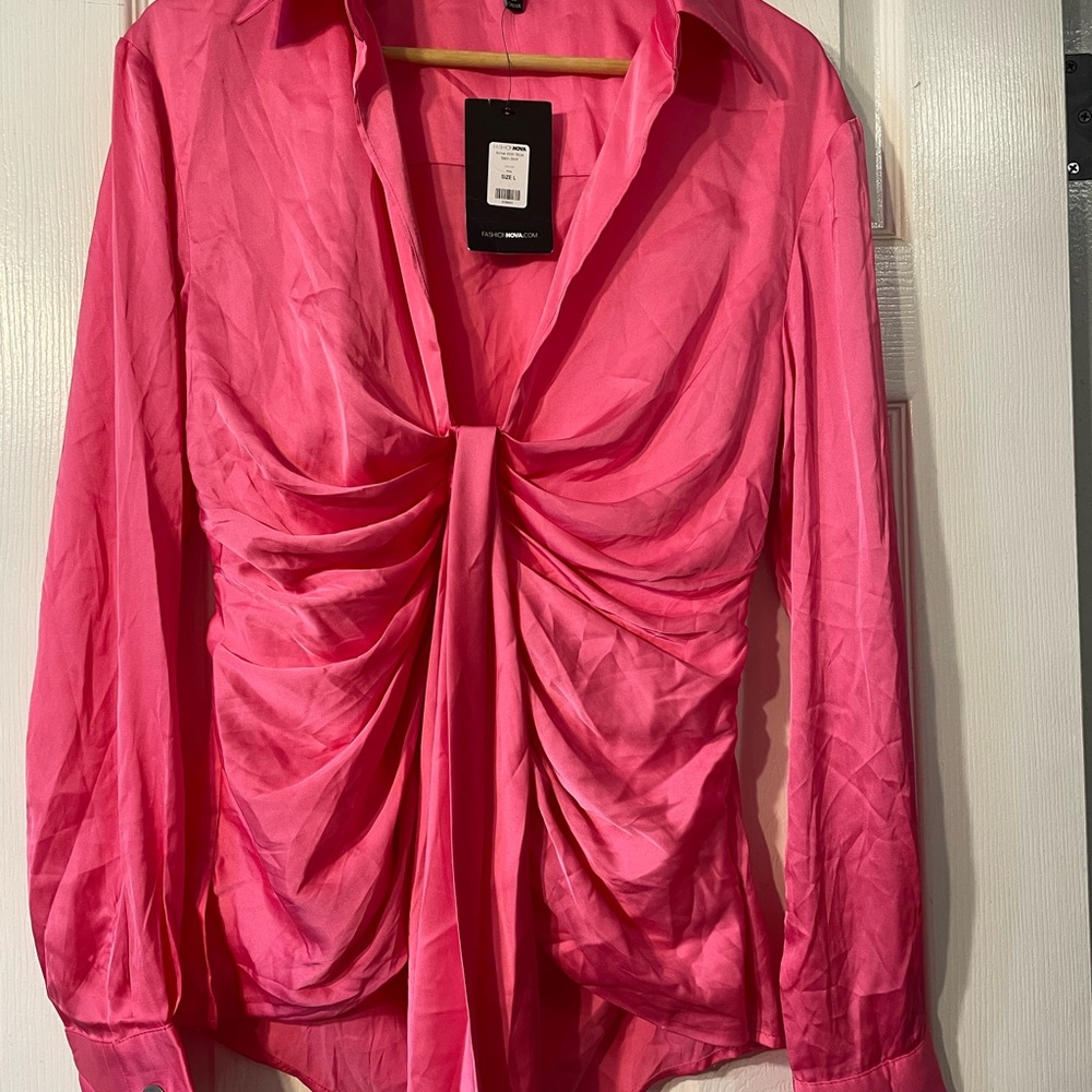 Fashion Nova Hot Pink Ruched Button-Front Blouse